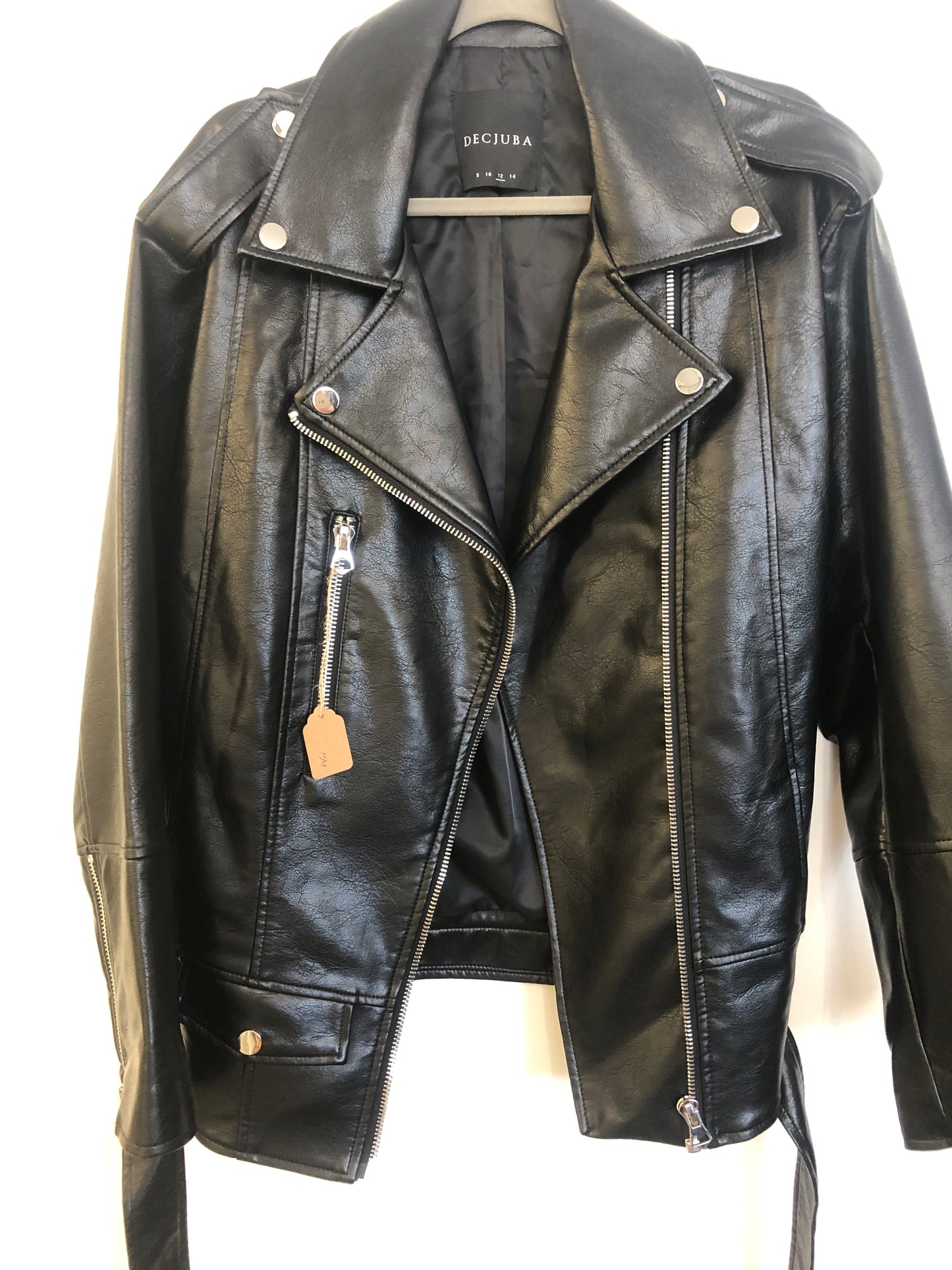 DECJUBA Black Faux Leather Biker Jacket -Size 12 $69